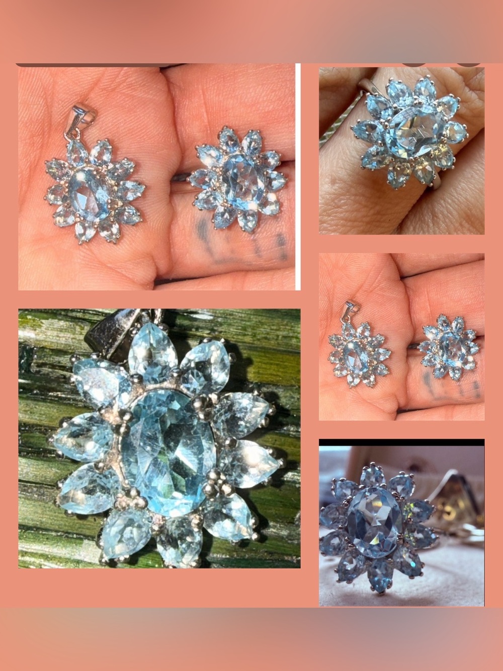 Matching Natural Blue Topaz Flower Pendant and Ring 
Set Sz7